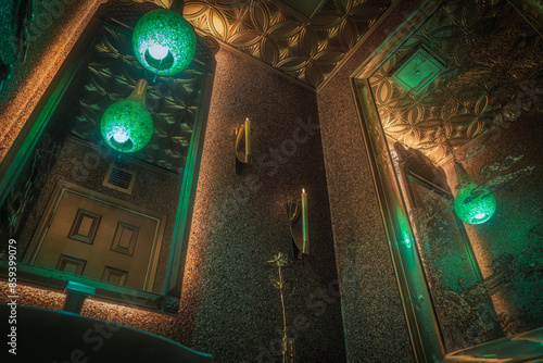 Fotografija This image shows the corner of a curated gold mid century room with long mirrors, an atomic age pendant light, and gold ceiling tiles