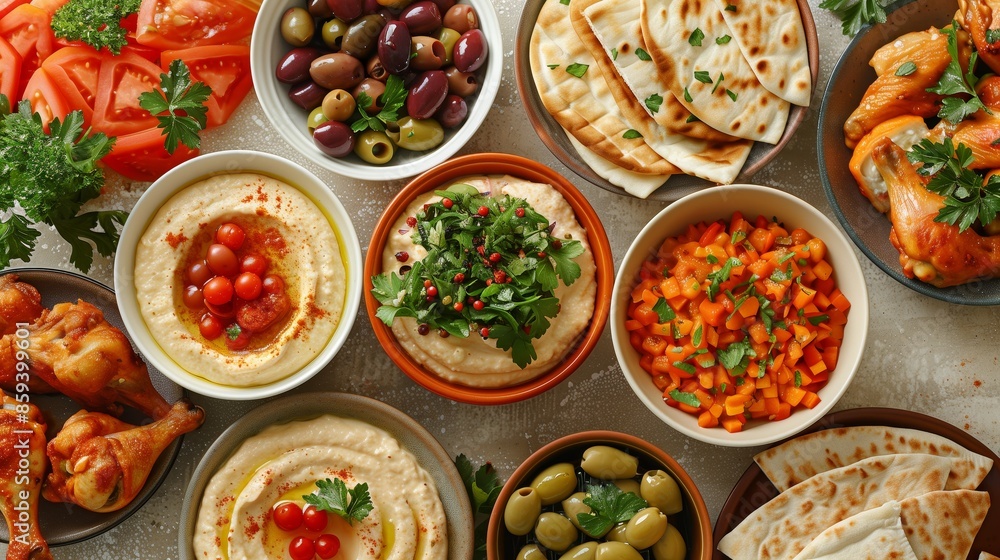 A colorful spread of Middle Eastern dishes A colorful spread of Middle Eastern dishes