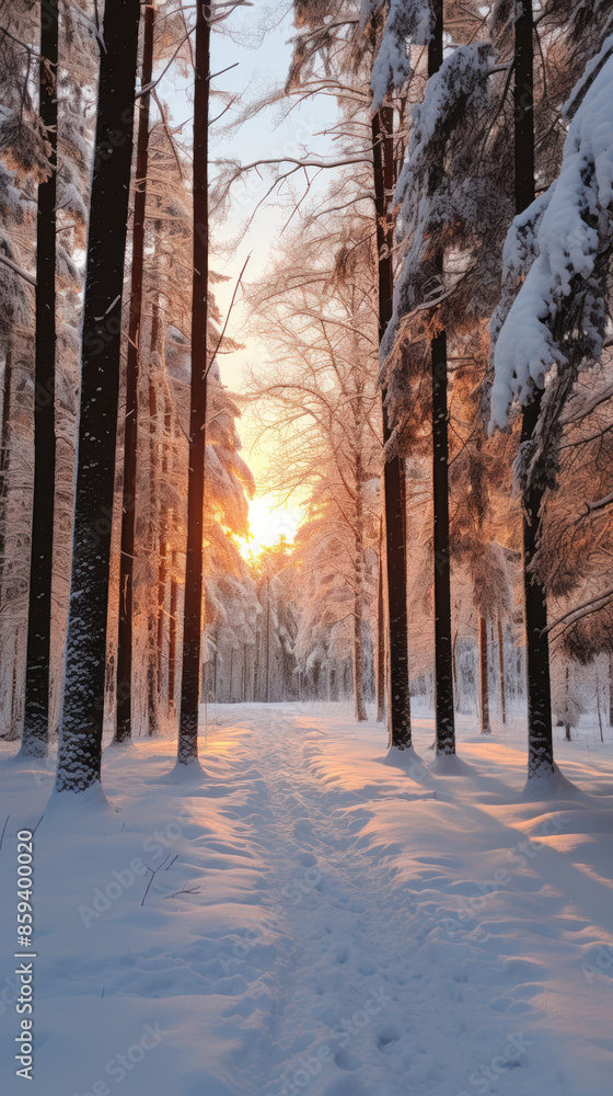 Snow-covered forest in winter with tall trees and a clear sky Snow-covered forest in winter with tall trees and a clear sky