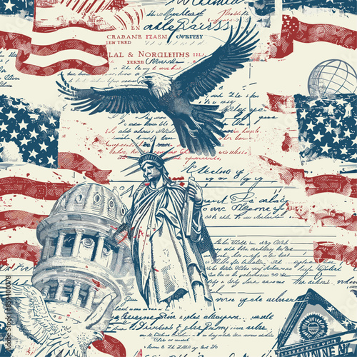 A seamless pattern featuring American patriotic symbols such as the bald eagle, American flag, Statue of Liberty, historical documents, and the Capitol building in red, white, and blue tones.