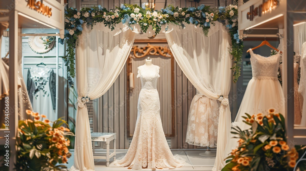 A bridal boutique with an elegant display of wedding dresses on mannequins, surrounded by lace curtains, floral arrangements, and a plush fitting area A bridal boutique with an elegant display of wedding dresses on mannequins, surrounded by lace curtains, floral arrangements, and a plush fitting area