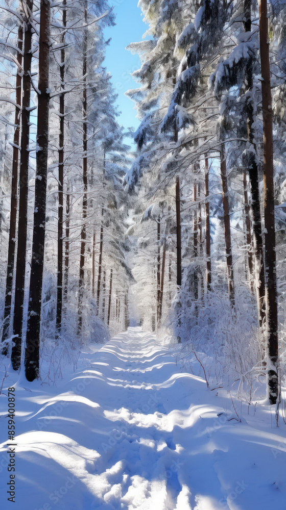 Snow-covered forest in winter with tall trees and a clear sky Snow-covered forest in winter with tall trees and a clear sky