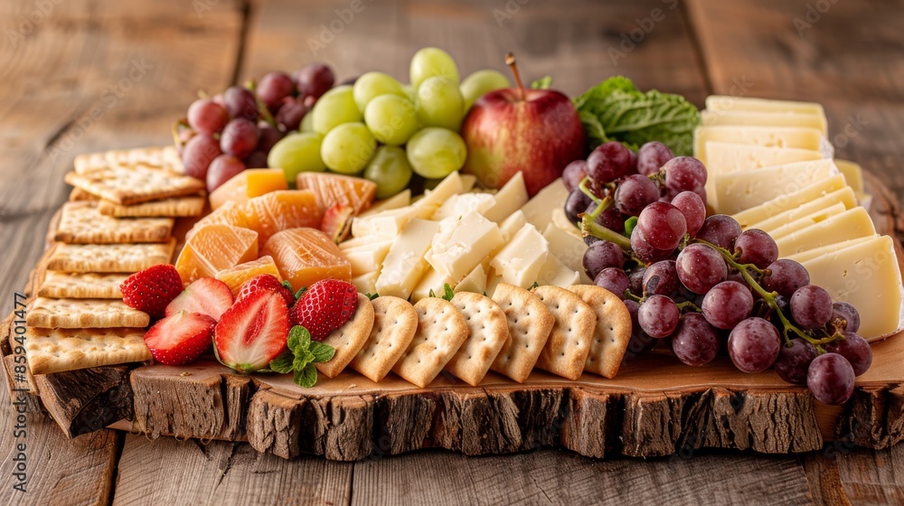 Cheese platter with fruits and crackers on rustic wooden board, gourmet appetizer concept Cheese platter with fruits and crackers on rustic wooden board, gourmet appetizer concept