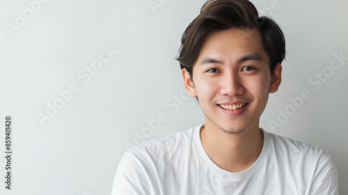 A young man in a white t-shirt smiling warmly against a plain white background, exuding a friendly and approachable vibe. photo