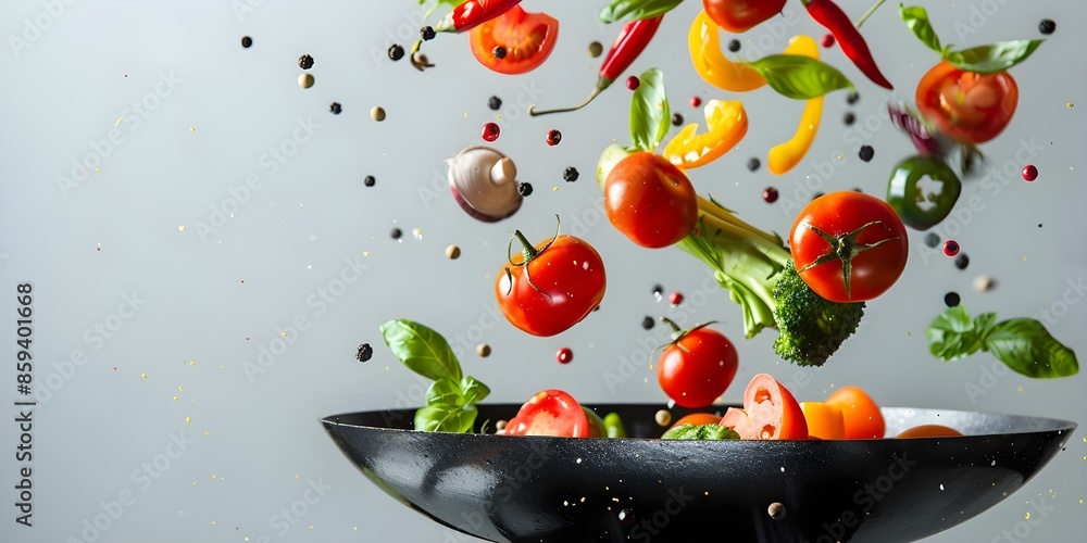 Fresh vegetables hovering over a wok on a white background. Concept Food Photography, Culinary Art, Fresh Ingredients, Cooking Ideas, Wok Cooking Fresh vegetables hovering over a wok on a white background. Concept Food Photography, Culinary Art, Fresh Ingredients, Cooking Ideas, Wok Cooking