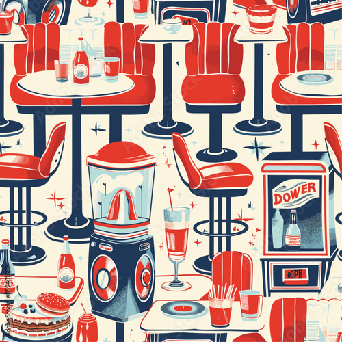 A seamless pattern featuring a retro diner theme with red booths, barstools, tables, milkshakes, and vintage decor in a nostalgic style.