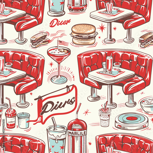 A seamless pattern featuring a retro diner theme with red booths, tables, milkshakes, burgers, and vintage decor in a nostalgic style.