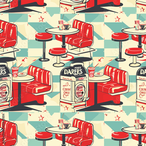 A seamless pattern featuring a retro diner theme with red booths, tables, barstools, and vintage decor in a nostalgic style.