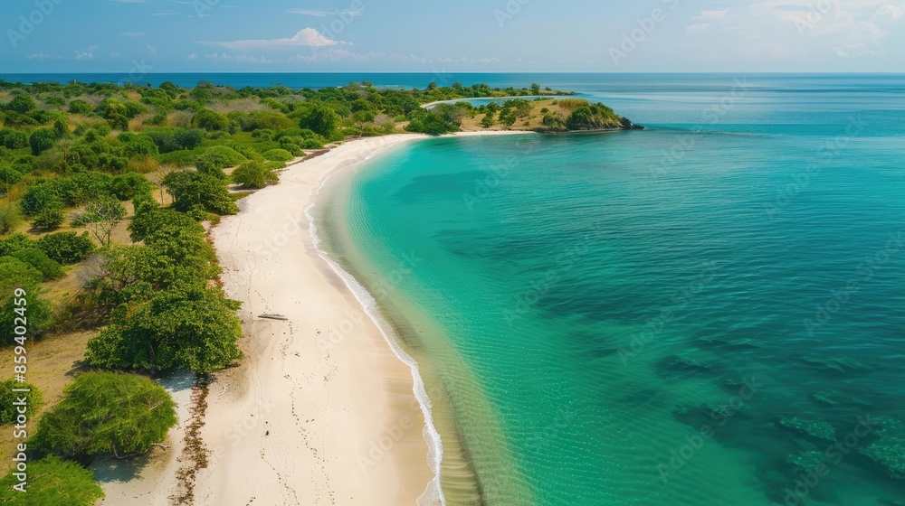 Tropical island's white sand beach stretching far, with calm turquoise waters and vibrant greenery along the shoreline.