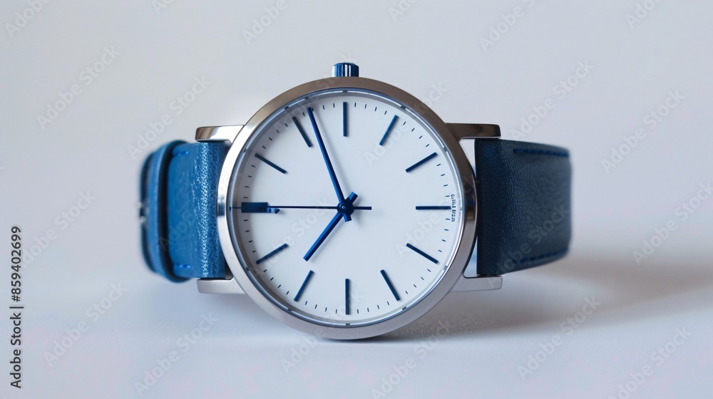 A minimalist wristwatch with a blue leather strap, displayed on a plain white surface A minimalist wristwatch with a blue leather strap, displayed on a plain white surface