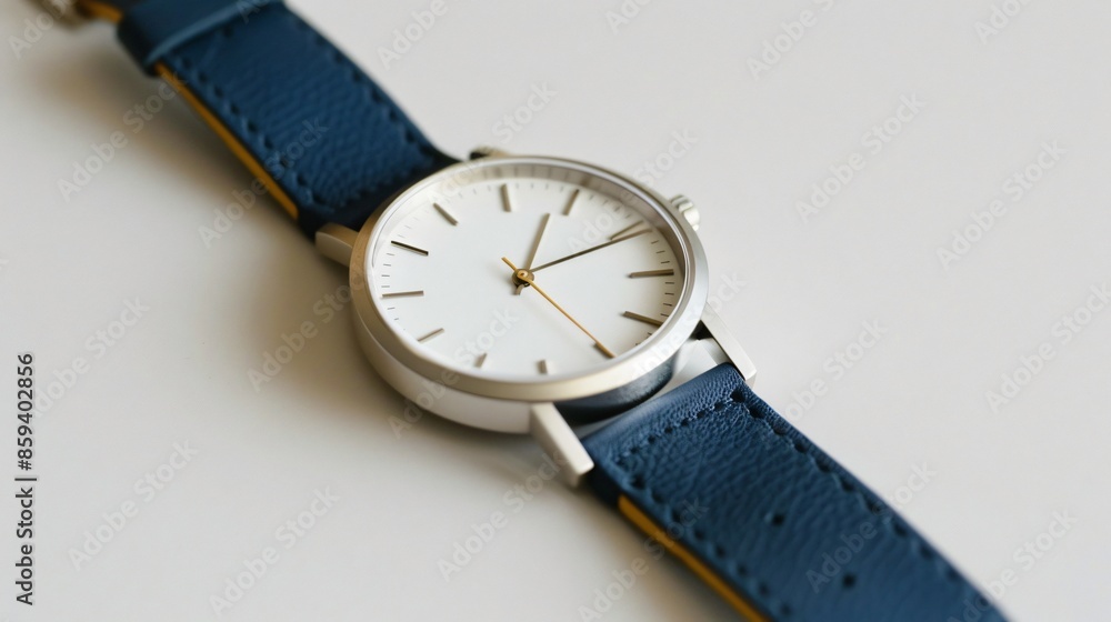 A minimalist wristwatch with a blue leather strap, displayed on a plain white surface A minimalist wristwatch with a blue leather strap, displayed on a plain white surface