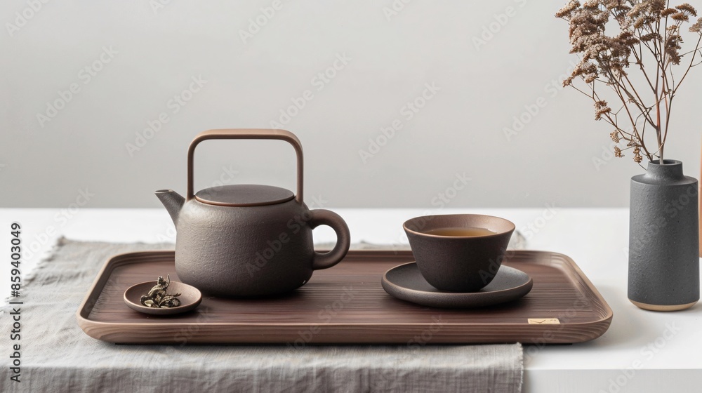A modern, dark ceramic teapot on a plain wooden tray, with a single tea cup beside it A modern, dark ceramic teapot on a plain wooden tray, with a single tea cup beside it