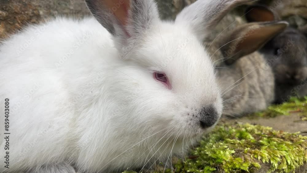 Little Domestic Rabbits Sitting by Stone Wall Little Domestic Rabbits Sitting by Stone Wall