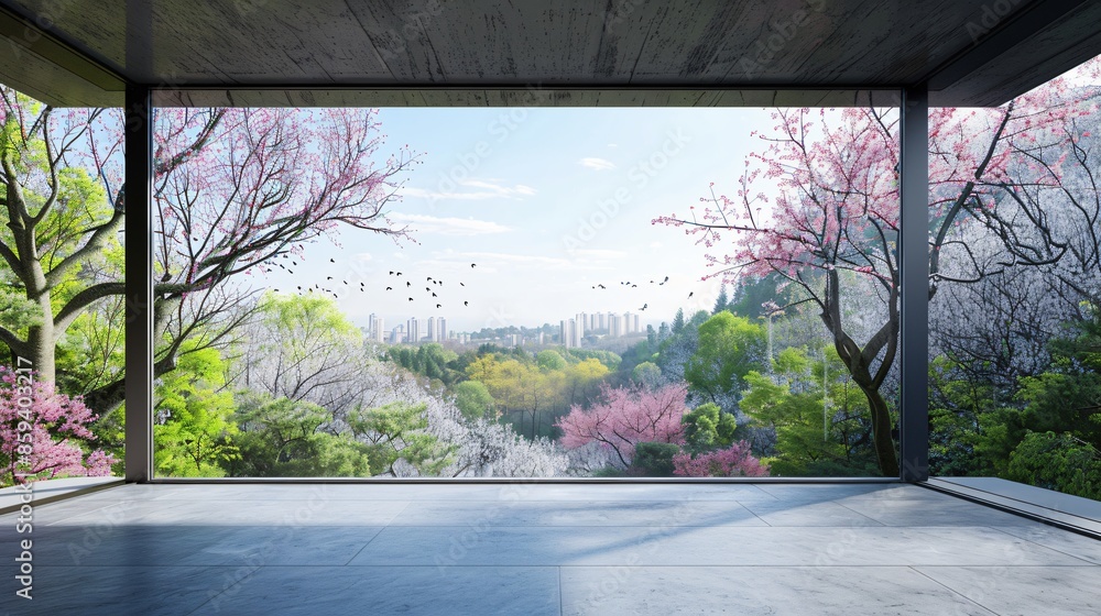 A modern, frameless window overlooking a green landscape with flowering trees A modern, frameless window overlooking a green landscape with flowering trees