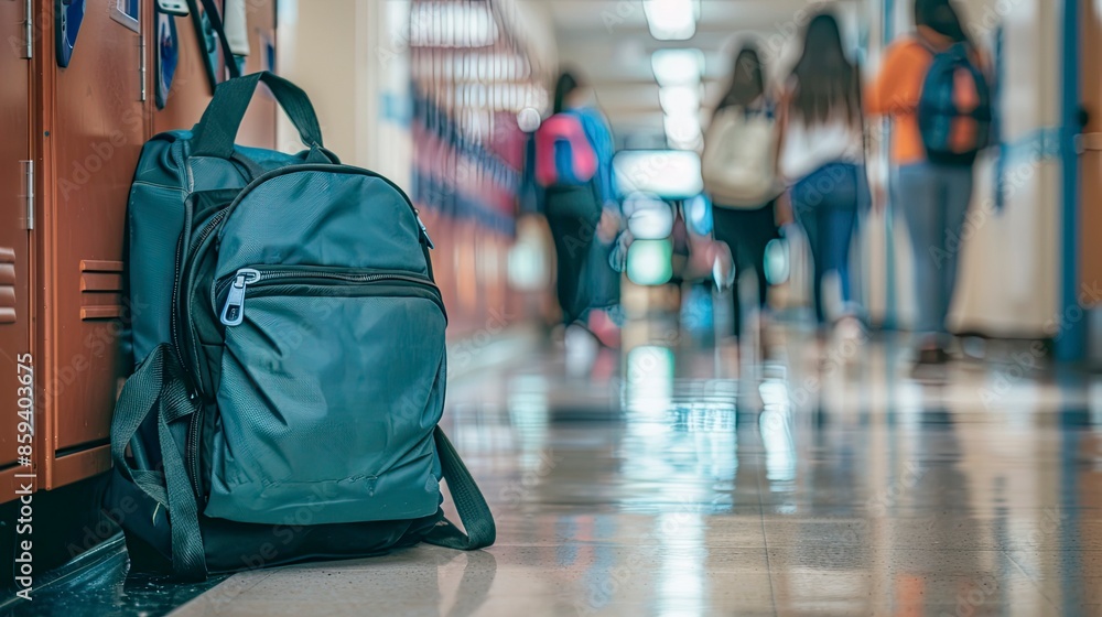 Obraz premium A trendy school bag leaning against a locker in a school hallway with blurred students walking by