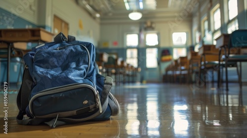 A school bag on a classroom floor with desks and chairs in the background