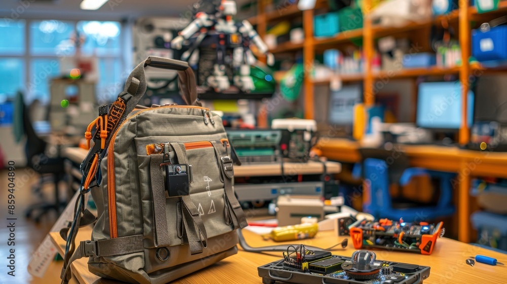 A school bag in a tech lab with robotics kits and computer equipment on tables A school bag in a tech lab with robotics kits and computer equipment on tables