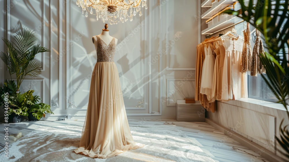 An elegant evening gown displayed on a mannequin in a luxurious showroom, with a crystal chandelier overhead and plush carpet underfoot An elegant evening gown displayed on a mannequin in a luxurious showroom, with a crystal chandelier overhead and plush carpet underfoot