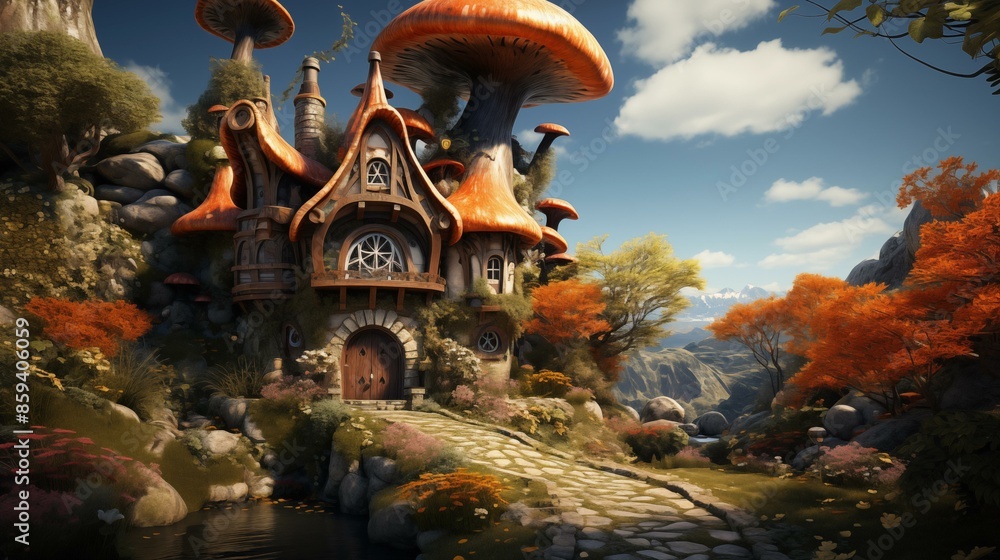 Obraz premium Magical Mushroom House. Fairytale Forest Dwelling. Whimsical Mushroom House 