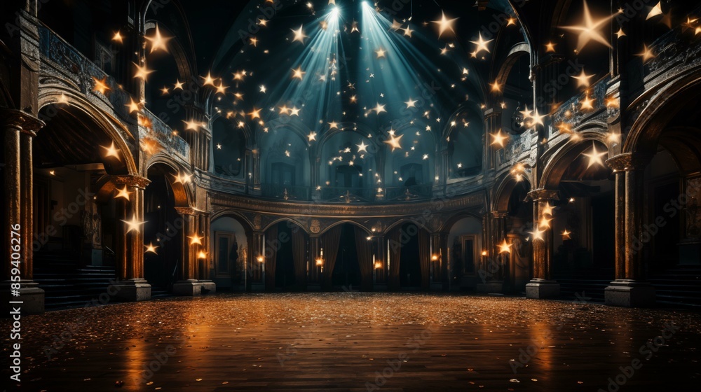 Obraz premium Empty Stage Illuminated by Spotlights with Stars in Background