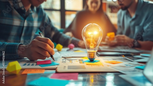 businessman hand writing bulb gear coaching , Business idea ,bus created by ai