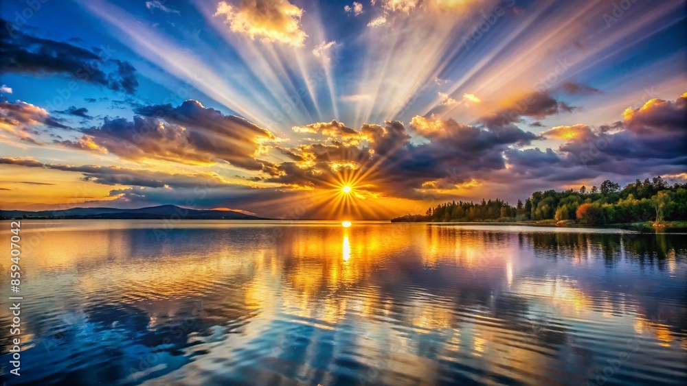 The suns rays reach out across the lake creating a stunning array of colors that seem to stretch on forever Creative AI The suns rays reach out across the lake creating a stunning array of colors that seem to stretch on forever Creative AI