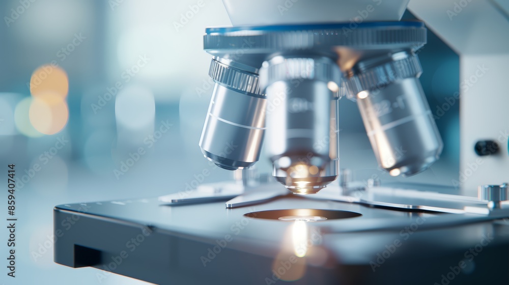 Close-up of a state-of-the-art microscope, lit by ambient light, highlighting its sophisticated structure and functionality, suitable for educational and scientific content Close-up of a state-of-the-art microscope, lit by ambient light, highlighting its sophisticated structure and functionality, suitable for educational and scientific content