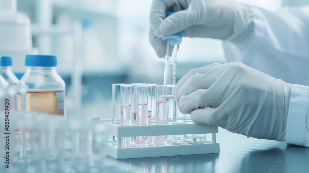 Close-up of hands filling test tubes with liquid, organized tray on a lab bench, scientific research setting, meticulous and focused action Close-up of hands filling test tubes with liquid, organized tray on a lab bench, scientific research setting, meticulous and focused action