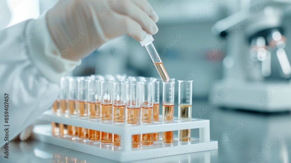 Close-up of hands filling test tubes with liquid, organized tray on a lab bench, scientific research setting, meticulous and focused action Close-up of hands filling test tubes with liquid, organized tray on a lab bench, scientific research setting, meticulous and focused action