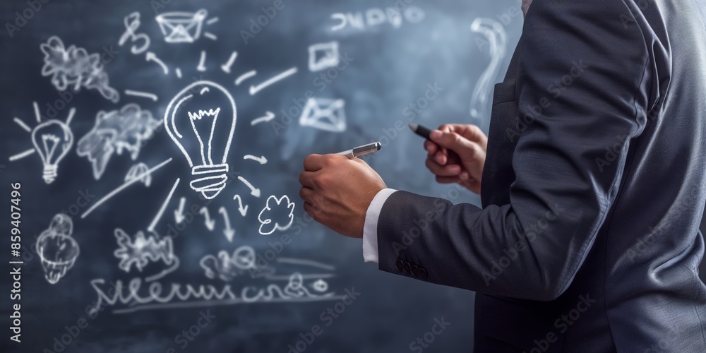 businessman hand writing bulb gear coaching , Business idea ,bus created by ai