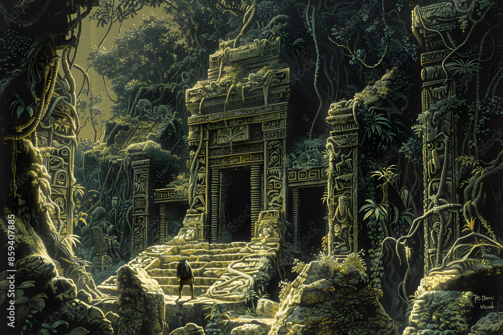 Fototapeta premium A detailed illustration of an explorer discovering an ancient temple in the jungle, with detailed carvings, overgrown vines, and a sense of mystery and adventure