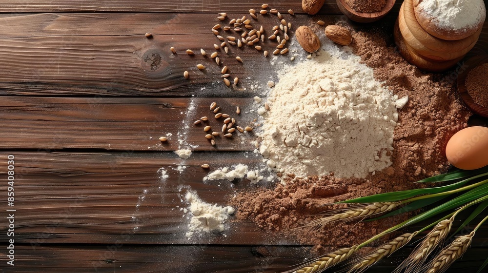Rustic baking ingredients including flour, whole grains, cocoa powder, and eggs on a wooden table, perfect for recipe and food blog visuals. Rustic baking ingredients including flour, whole grains, cocoa powder, and eggs on a wooden table, perfect for recipe and food blog visuals.