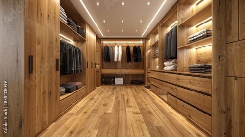 Modern Walk-in Closet with Wooden Accents