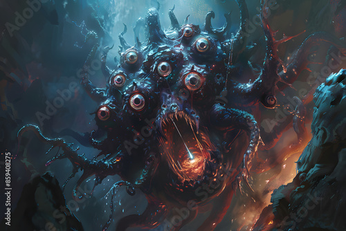 A high-resolution illustration of a fearsome beholder floating menacingly in a dark cavern, with multiple eyes glaring and magical energy emanating from its central eye