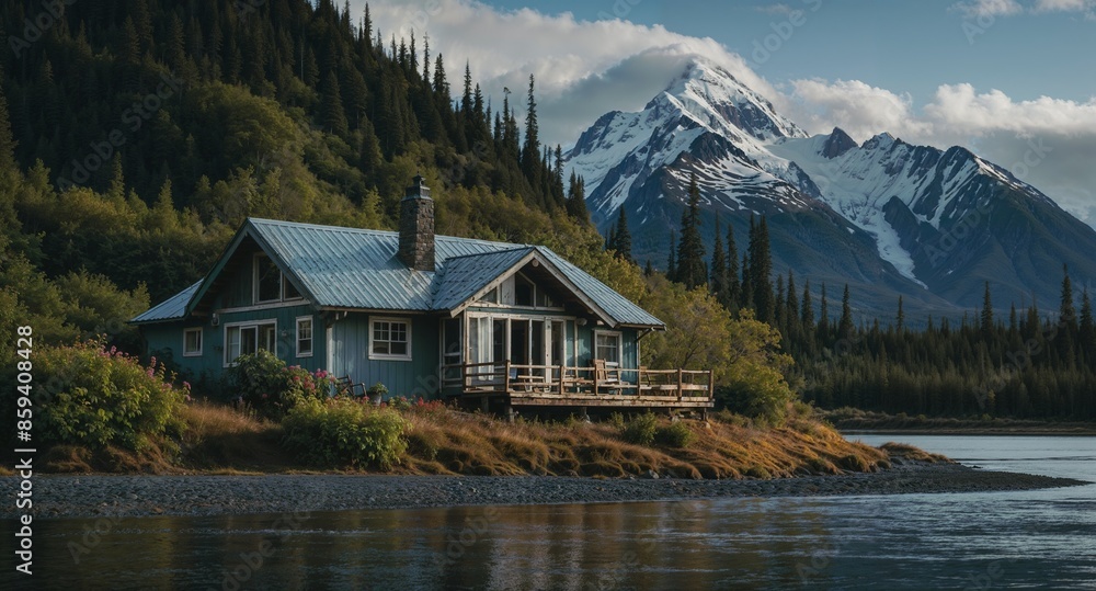 Fototapeta premium Dreay Wooden House in Alaska with Magical Landscape