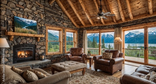 Interior view of a luxury log home in Alaska with a stunning view  © Luxury Richland