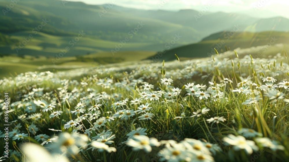 Obraz premium Rolling hills blanketed with white daisies, creating a picturesque and serene nature scene.