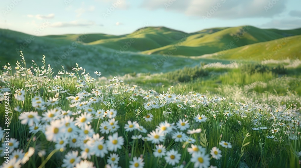 Rolling hills blanketed with white daisies, creating a picturesque and serene nature scene. Rolling hills blanketed with white daisies, creating a picturesque and serene nature scene.