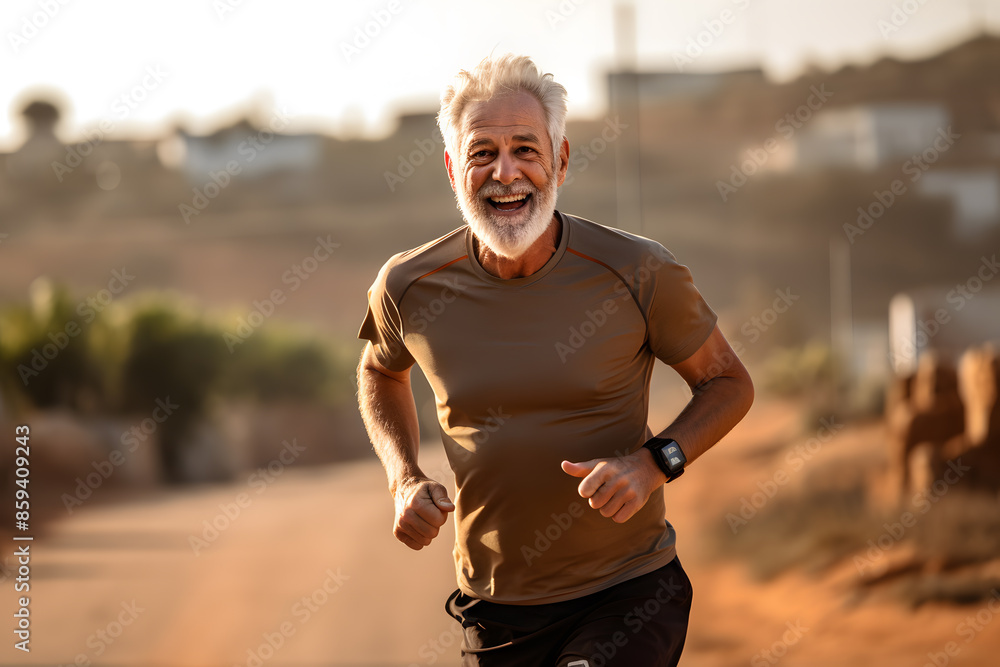 Elderly bearded handsome man smiling and jogging in the city street Elderly bearded handsome man smiling and jogging in the city street