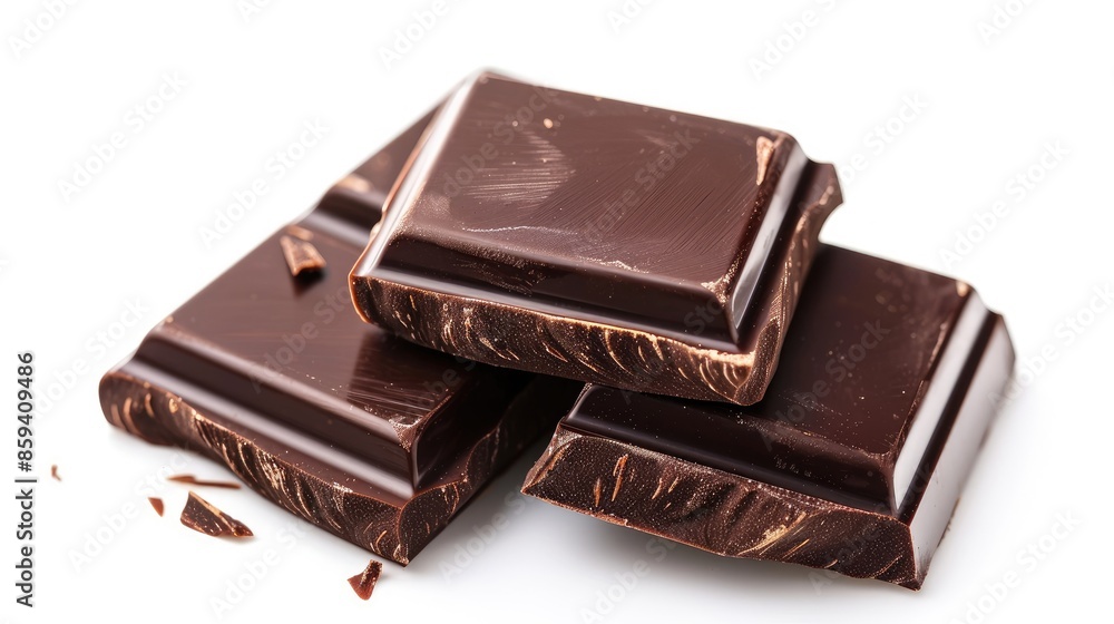 Rich dark chocolate bars placed on a clean white background, highlighting their smooth texture and deep color. Rich dark chocolate bars placed on a clean white background, highlighting their smooth texture and deep color.