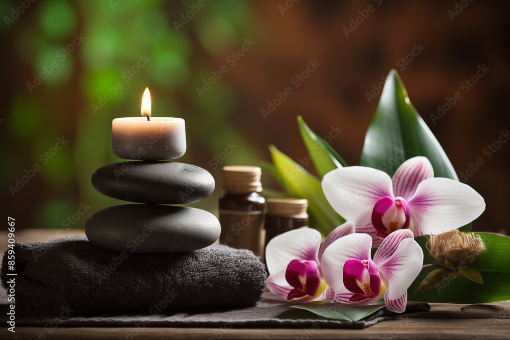 Candle and rocks on table. Generative AI Candle and rocks on table. Generative AI