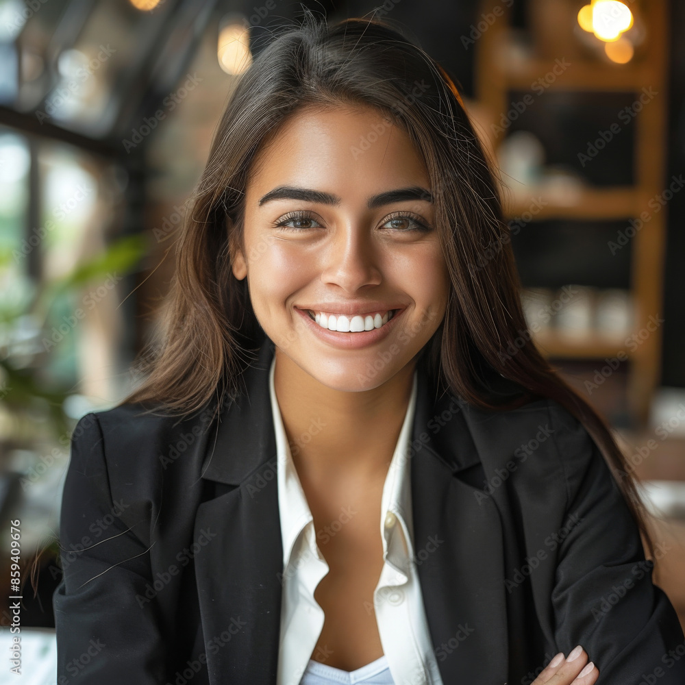 A woman with a big smile on her face is wearing a black jacket and white shirt A woman with a big smile on her face is wearing a black jacket and white shirt