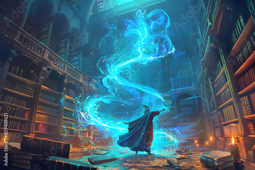 A vibrant illustration of a wizard casting a spell, with swirling magical energy and glowing runes, set in an ancient library filled with old books and scrolls