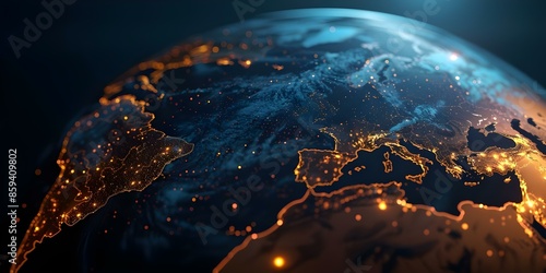 Fototapeta Naklejka Na Ścianę i Meble -  3D earth globe with glowing lights and cities on dark background. Concept 3D Art, Earth Globe, Glowing Lights, Cities, Dark Background