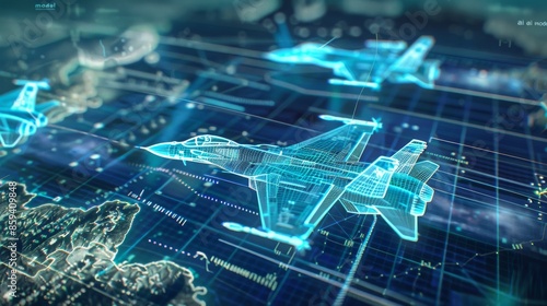 Digital Model of Fighter Jet Over World Map