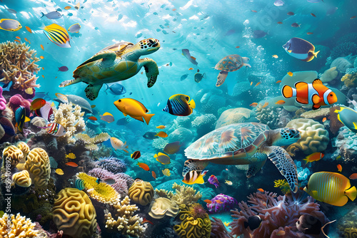 A vibrant illustration of an underwater coral reef teeming with colorful fish, sea turtles, and other marine life, set against a background of sparkling blue water