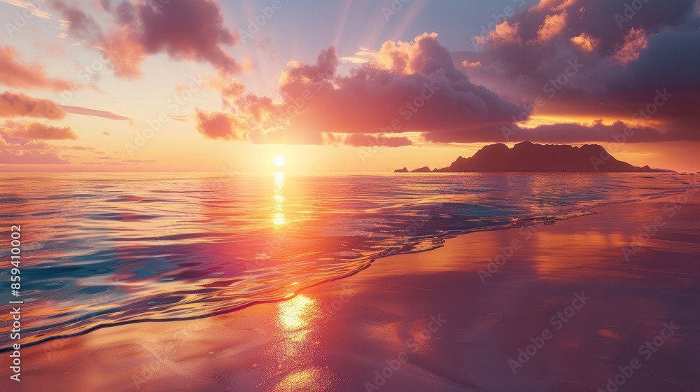 Fototapeta premium Scenic sunset over ocean shore with mountain sun reflecting in water and sand on beach sunny sky background