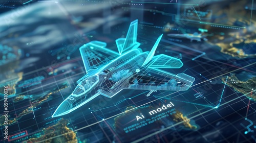 Digital Model of Fighter Jet Over World Map
