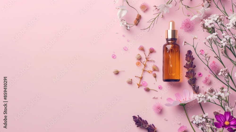 Essential oil dropper bottle with natural elements on soft pink backdrop for skincare Essential oil dropper bottle with natural elements on soft pink backdrop for skincare