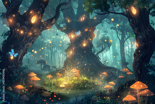 A whimsical illustration of a magical forest with glowing mushrooms, fairies fluttering around, and ancient trees with intricate details, creating an enchanting atmosphere